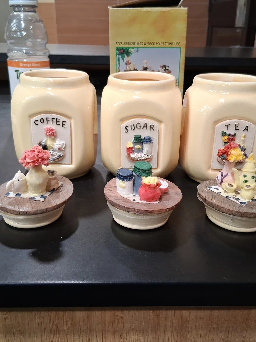 Cream Ceramic Sugar, Coffee & Tea Canister Set with Decorative Lids